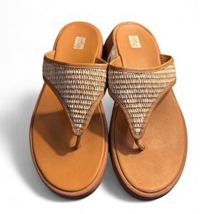 FitFlop Women’s 7 Thong Platform Sandals Tan Wedge Comfort Flip Flops EU 38